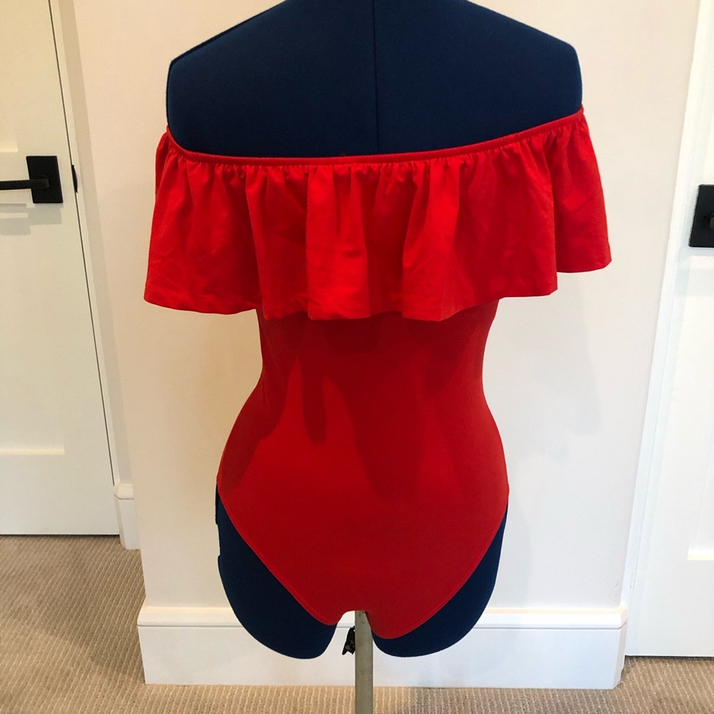 J Crew Off The Shoulder Red Ruffle Bodysuit - Picture 5 of 8